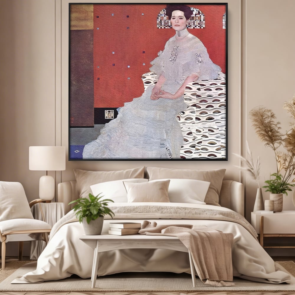 Tablou canvas cu reproducere pictura fritza riedler de klimt, in rama de aluminiu negru, pe perete intr-un dormitor